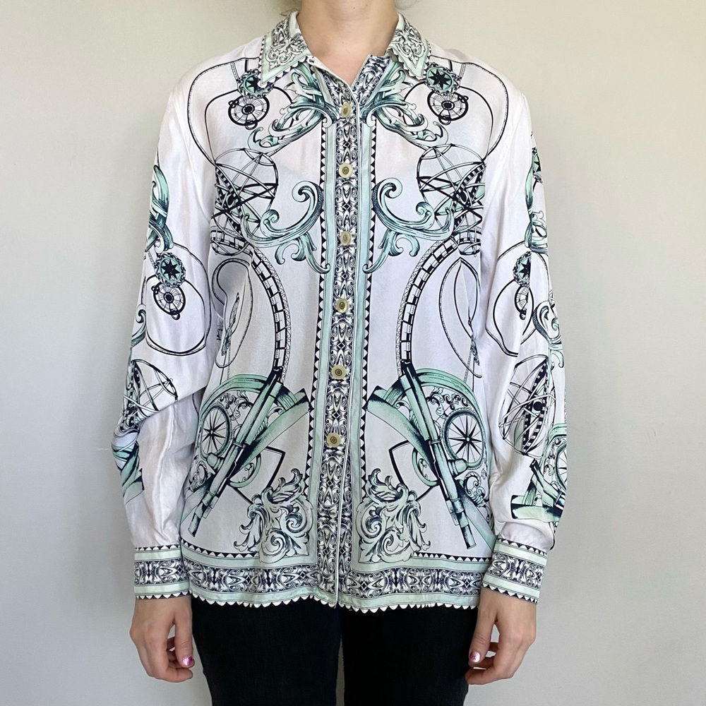 Vintage Escada 100% silk nautical map scene print button-down blouse. 💙